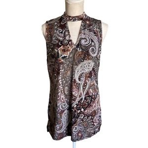 eci New York sleeveless paisley brown, white, & violet tunic top.